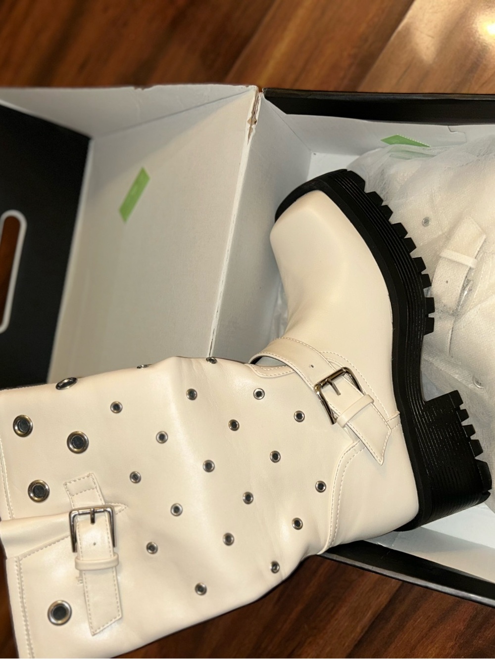 Fashion Nova White Mid-Calf Grommet Leather Combat Boot with Black Lug Sole